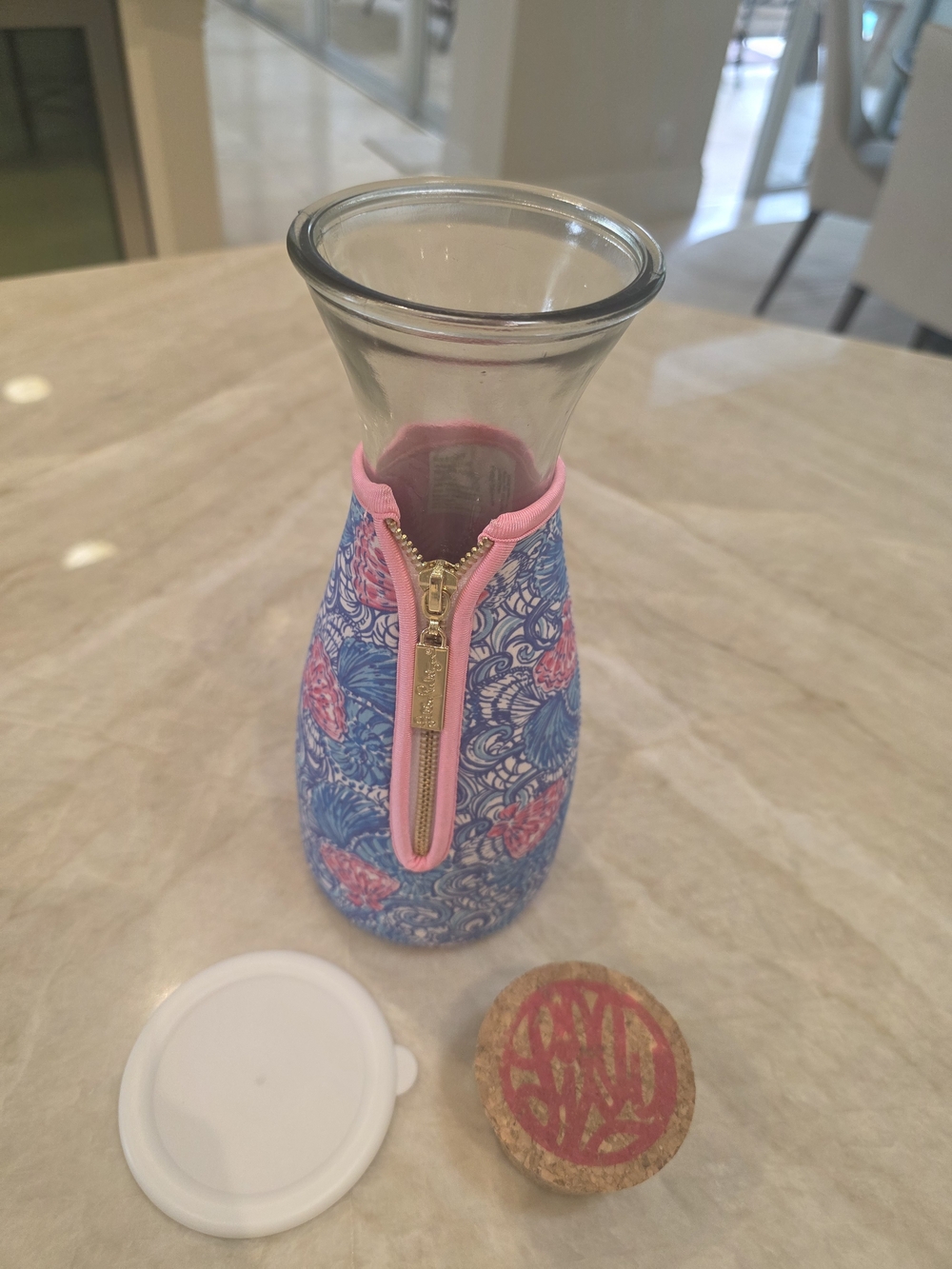 Neoprene Bottle Sleeve with Pink Trim and Blue Floral Pattern